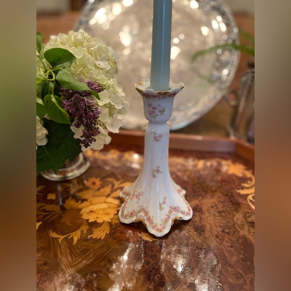 Antique Haviland H & Co L Limoges Porcelain Candlestick, Pink Roses, Gold Trim